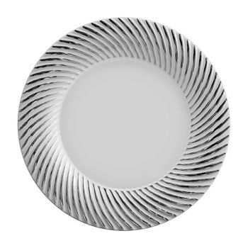 Mashers 9” White Plastic Disposable Dinner Plates with Silver Swirl Detail – Case of 120