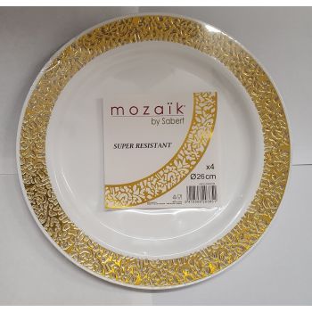 26cm Elegant White Plastic Disposable Plates with Gold Rim - Case of 88